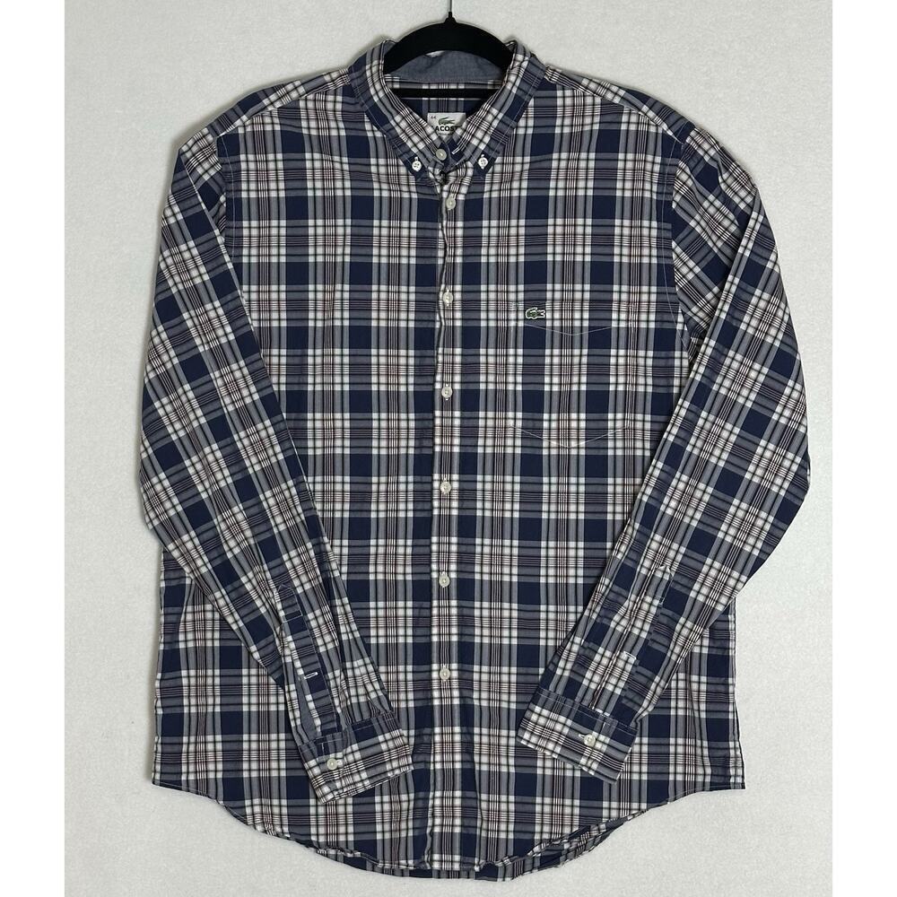 Lacoste Mens Size 44 Multicolor Plaid Button Down Shirt Preppy Money Golf EUC